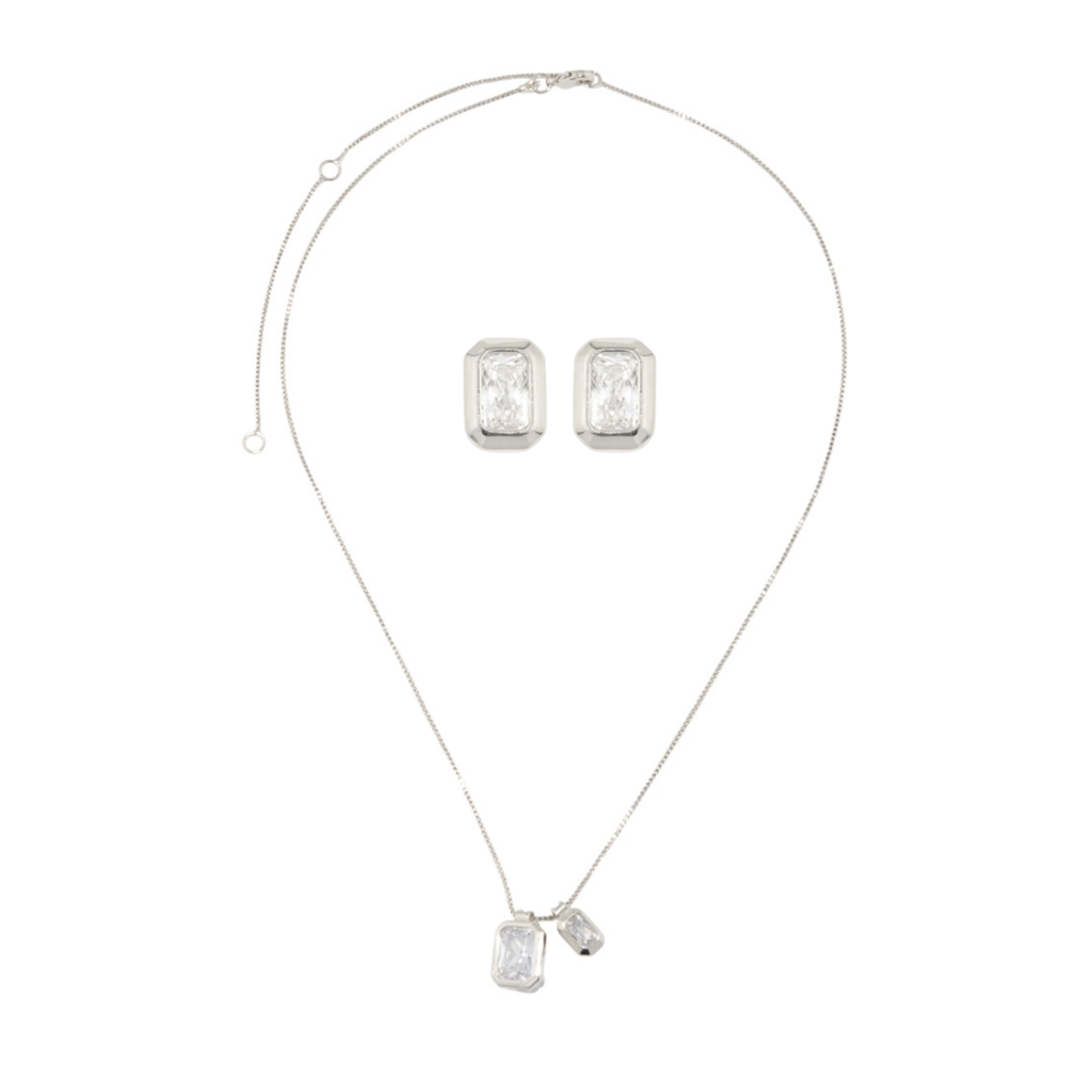 Ana Set: rectangular zirconia stud earrings and Venetian chain necklace