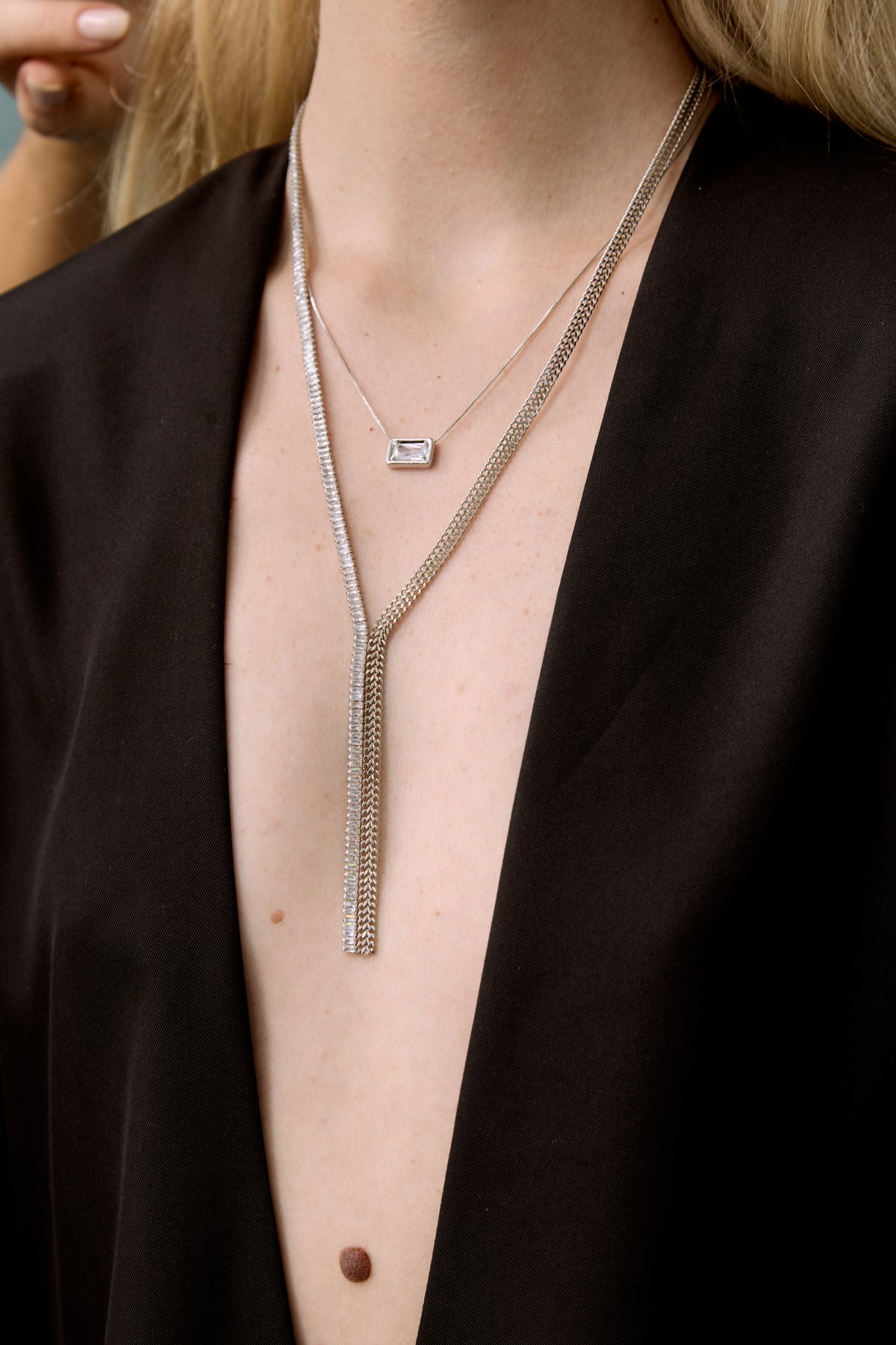 Chloe Set: rectangular zirconia necklace and stud earrings, photo 3 of 17